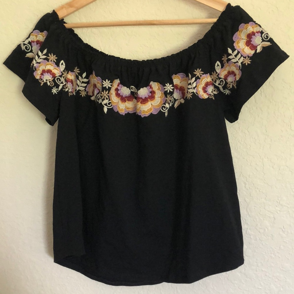 THML off the shoulder black top with floral accent